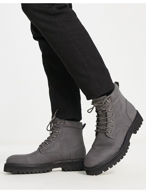 ASOS DESIGN chunky lace up boot with padded collar in gray faux leather with contrast sole