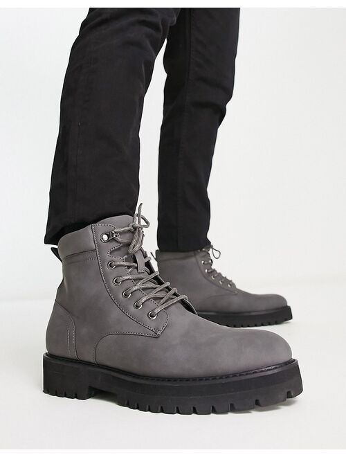 ASOS DESIGN chunky lace up boot with padded collar in gray faux leather with contrast sole