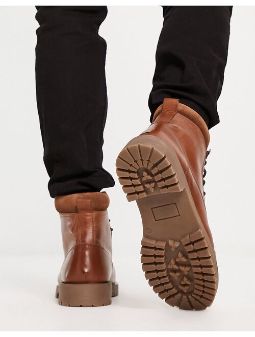 ASOS DESIGN lace up boot in tan leather with suede padded collar