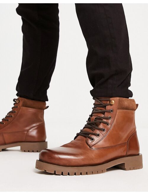 ASOS DESIGN lace up boot in tan leather with suede padded collar