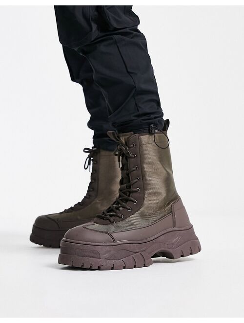 ASOS DESIGN lace up boot on chunky sole in brown canvas