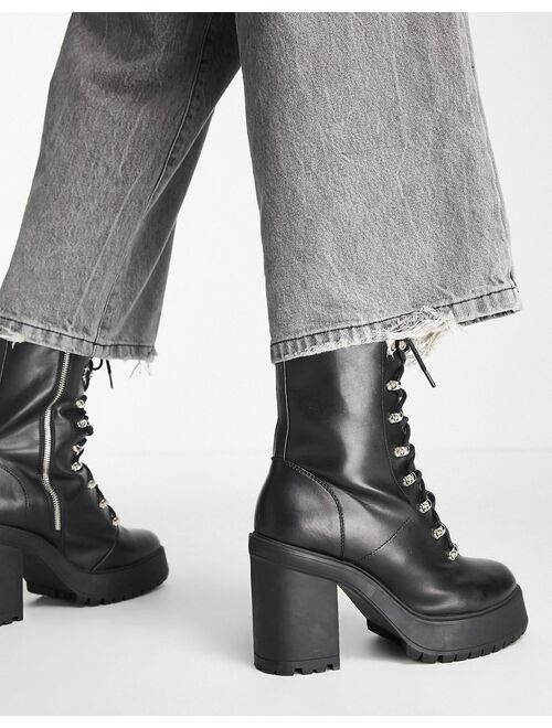 ASOS DESIGN chunky heeled lace up boots in black faux leather