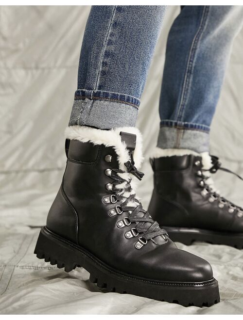 ASOS DESIGN chunky lace up boot in black faux leather with faux teddy lining