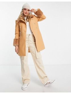 faux fur collar and cuff dolly coat in camel