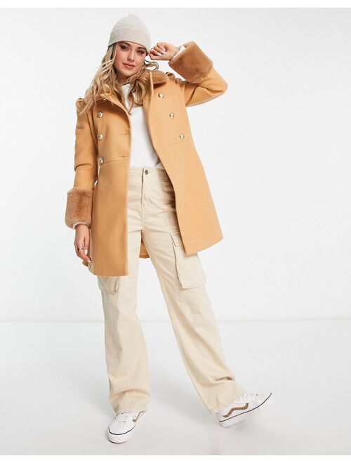 Miss Selfridge faux fur collar and cuff dolly coat in camel