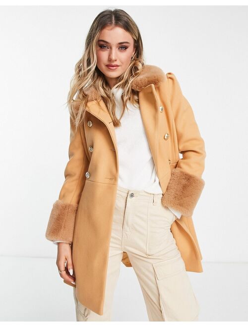 Miss Selfridge faux fur collar and cuff dolly coat in camel