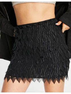 feathered detail mini skirt with silver stripe in black