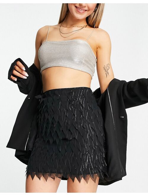 ASOS DESIGN feathered detail mini skirt with silver stripe in black