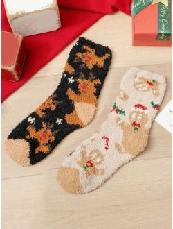 2pairs Men Christmas Elk Pattern Fuzzy Crew Socks