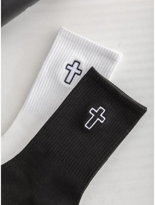 SockyBean1271 Accessory Store 2pairs Men Cross Embroidered Crew Socks