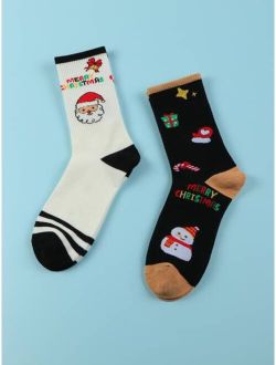 2pairs Men Wool Mix Christmas Santa Claus Pattern Crew Socks
