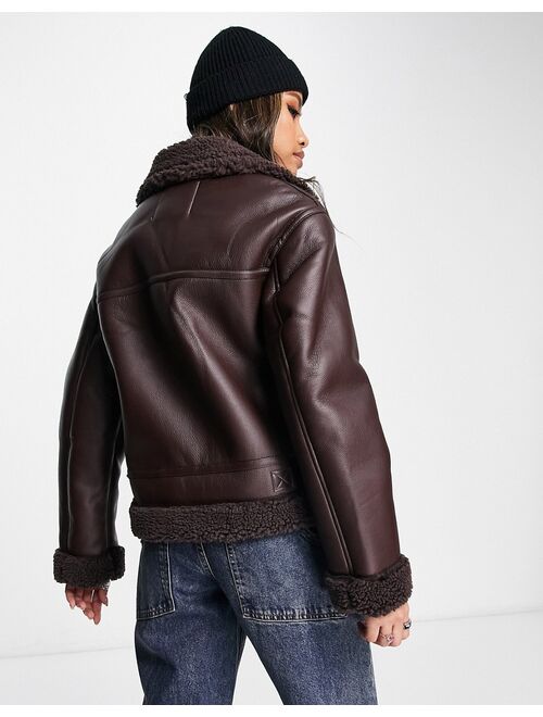 Bershka zip detail aviator jacket in chocolate brown