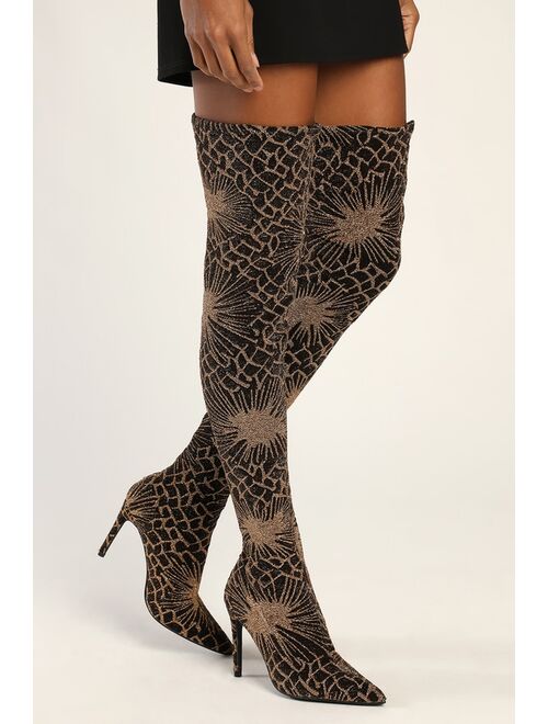Lulus Rayssa Black and Gold Over the Knee Pointed-Toe Boots