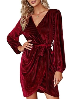 Women's Long Sleeve Wrap Semi Formal Velvet Mini Dress Sexy Cocktail Party Winter Club Dress