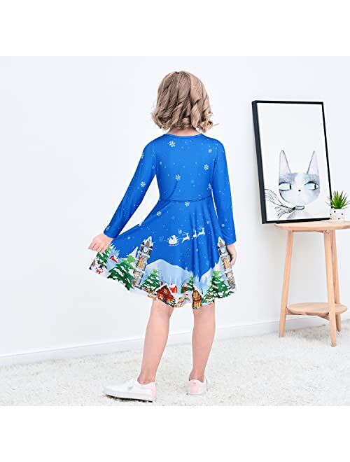 MODAFANS Girls Dress Long Sleeve Twirly Swing Party Casual Dress Tie Dye Mermaid Dress for Kids Toddler with Pockets