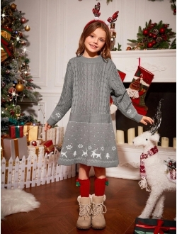 Girls Christmas Print Cable Knit Sweater Dress