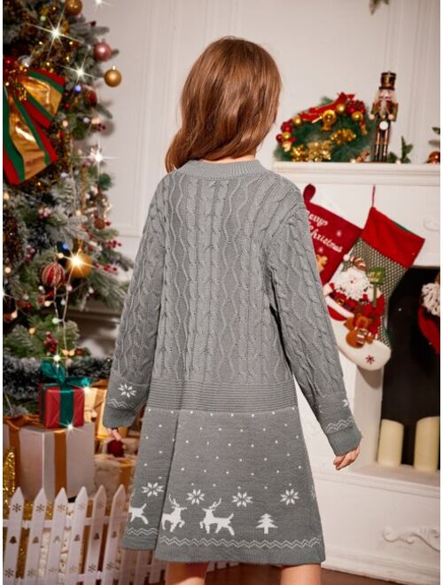 Shein Girls Christmas Print Cable Knit Sweater Dress