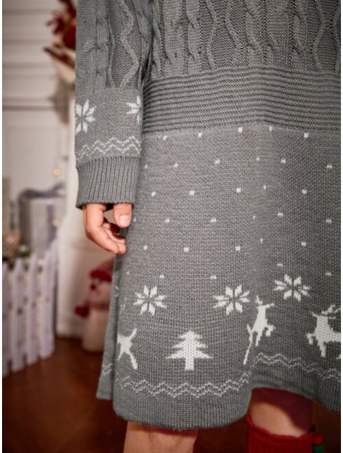 Shein Girls Christmas Print Cable Knit Sweater Dress