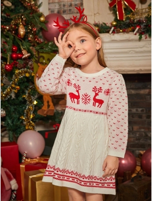 Shein Toddler Girls Christmas Pattern Cable Knit Sweater Dress
