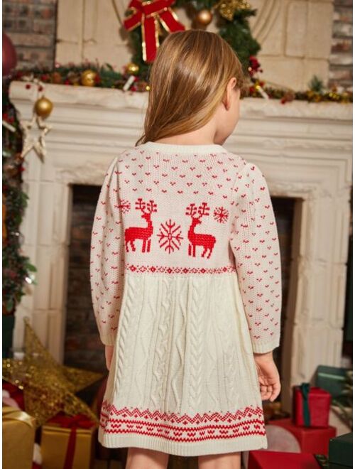Shein Toddler Girls Christmas Pattern Cable Knit Sweater Dress