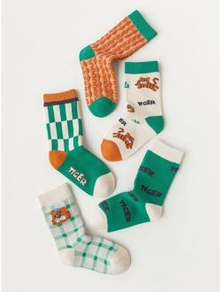 5pairs Toddler Boys Tiger & Letter Graphic Crew Socks