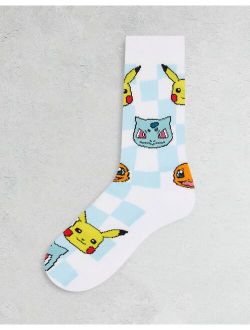 Pokemon sport socks in white and blue check