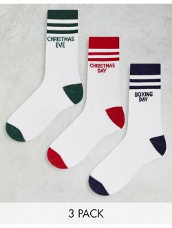 3 pack sports socks in white with Christmas days slogan