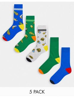 5 pack socks with bright multi color food prints