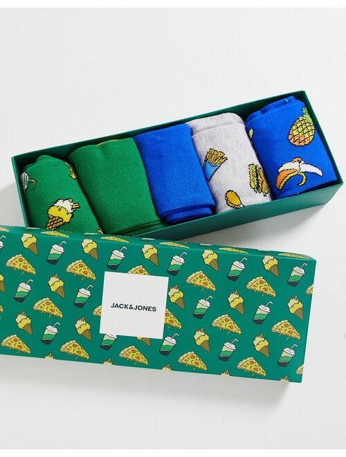Jack & Jones 5 pack socks with bright multi color food prints