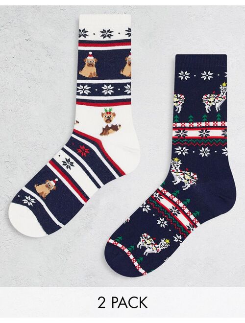 ASOS DESIGN 2 pack ankle socks in christmas animal fairisle