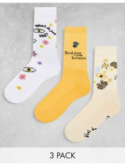3 pack sport socks with flower and eye print