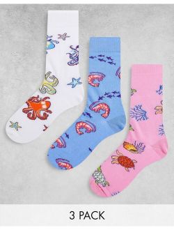 3 pack ankle socks with sea animal print