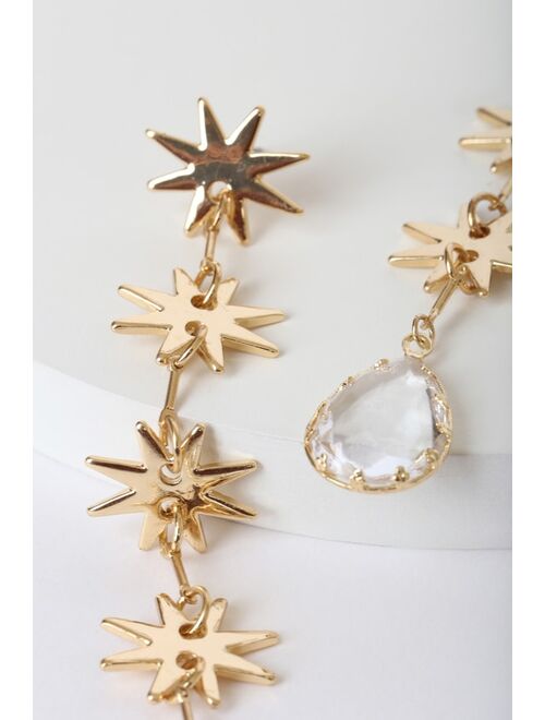 Lulus The Rest is Stardust Gold Star Rhinestone Drop Earrings