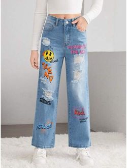 Teen Girls Cartoon Face & Letter Graphic Ripped Jeans