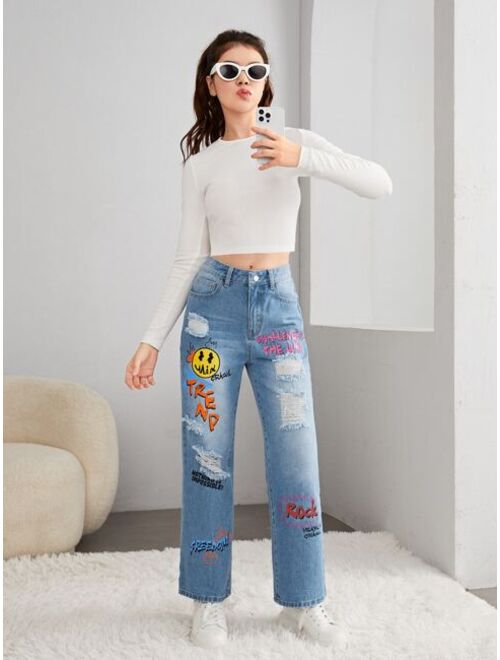 SHEIN Teen Girls Cartoon Face & Letter Graphic Ripped Jeans