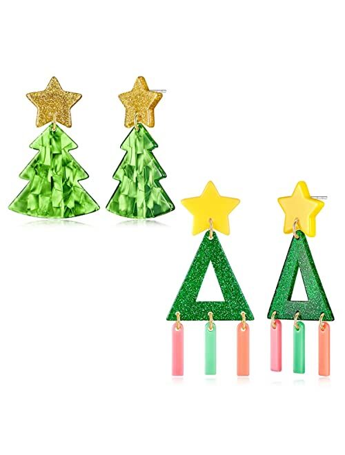 Hessawell Christmas Earrings for Women Christmas Tree Tassels Triple Stars Drop Dangle Earrings Statement Holiday Earrings Jewelry Hypoallergenic Lightweight Xmas Gifts f
