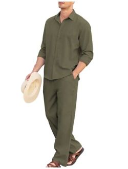 Men 2 Piece Linen Set Outfits Beach Button Up Matching Shirts and Pants Sets