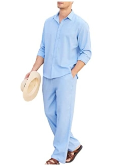 Men 2 Piece Linen Set Outfits Beach Button Up Matching Shirts and Pants Sets