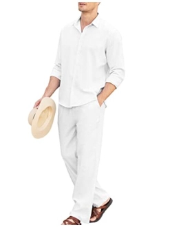 Men 2 Piece Linen Set Outfits Beach Button Up Matching Shirts and Pants Sets