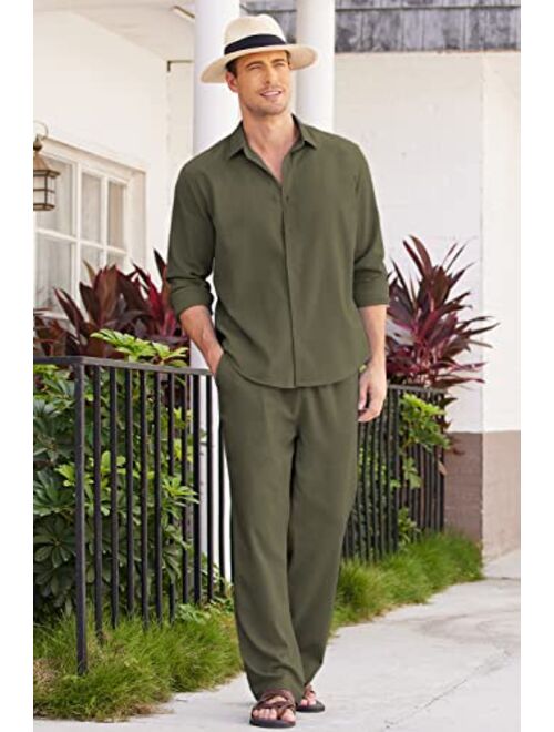 COOFANDY Men 2 Piece Linen Set Outfits Beach Button Up Matching Shirts and Pants Sets