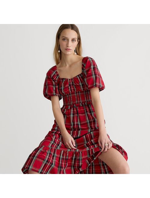 J.Crew Smocked puff-sleeve cotton poplin midi dress in Good Tidings plaid