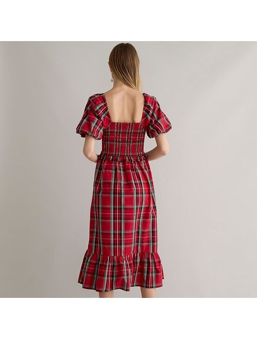 J.Crew Smocked puff-sleeve cotton poplin midi dress in Good Tidings plaid