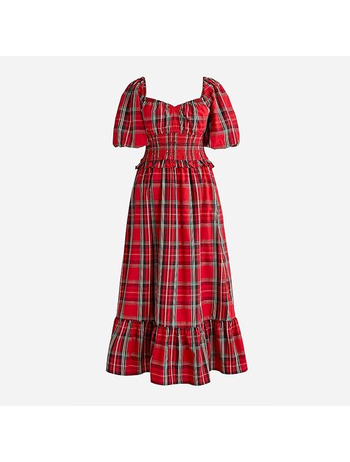 J.Crew Smocked puff-sleeve cotton poplin midi dress in Good Tidings plaid
