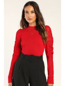 So Much to Say Red Lace Puff Shoulder Sweater Top