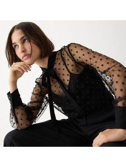 Tie-neck long-sleeve top in dotted tulle