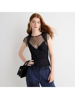 Cap-sleeve peplum top in dotted tulle