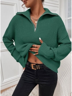 Ribbed Knit Half Zipper Drop Shoulder Sweater