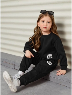 Toddler Girls Slogan Patched Detail Drop Shoulder Sweatshirt & Sweatpants