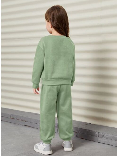 SHEIN Toddler Girls Slogan Patched Detail Drop Shoulder Sweatshirt & Sweatpants