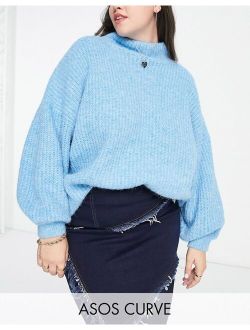 ASOS Curve ASOS DESIGN Curve high neck sweater in fluffy in blue